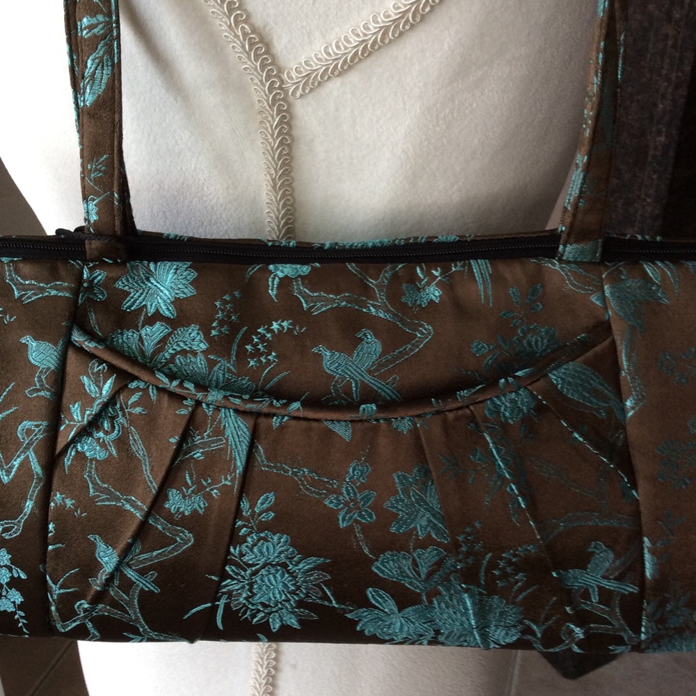 LAST 1! NEW 100% Silk Shoulder Purse Brown Aqua Birds Floral Big Sky Shanghai - Picture 4 of 8